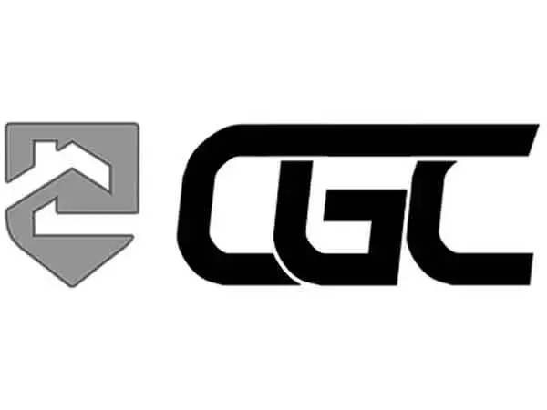 A black and white logo with the words cgc.