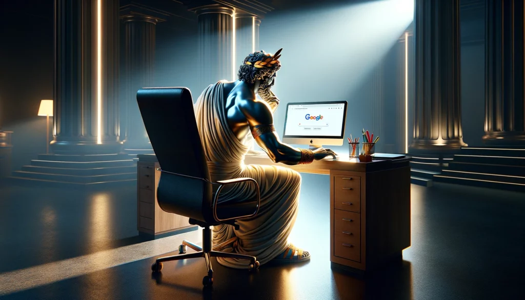 A statue sitting at a desk working on a computer.