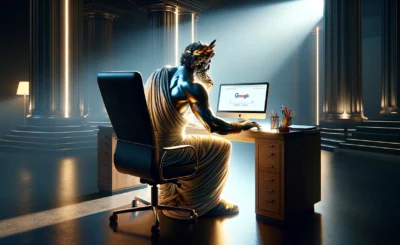 A statue sitting at a desk working on a computer.