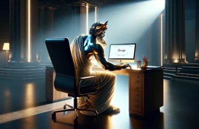 A statue sitting at a desk working on a computer.