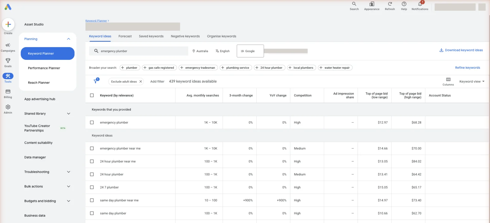 Keyword Planner with a service seed entered. The volume column is a guide, not a promise.