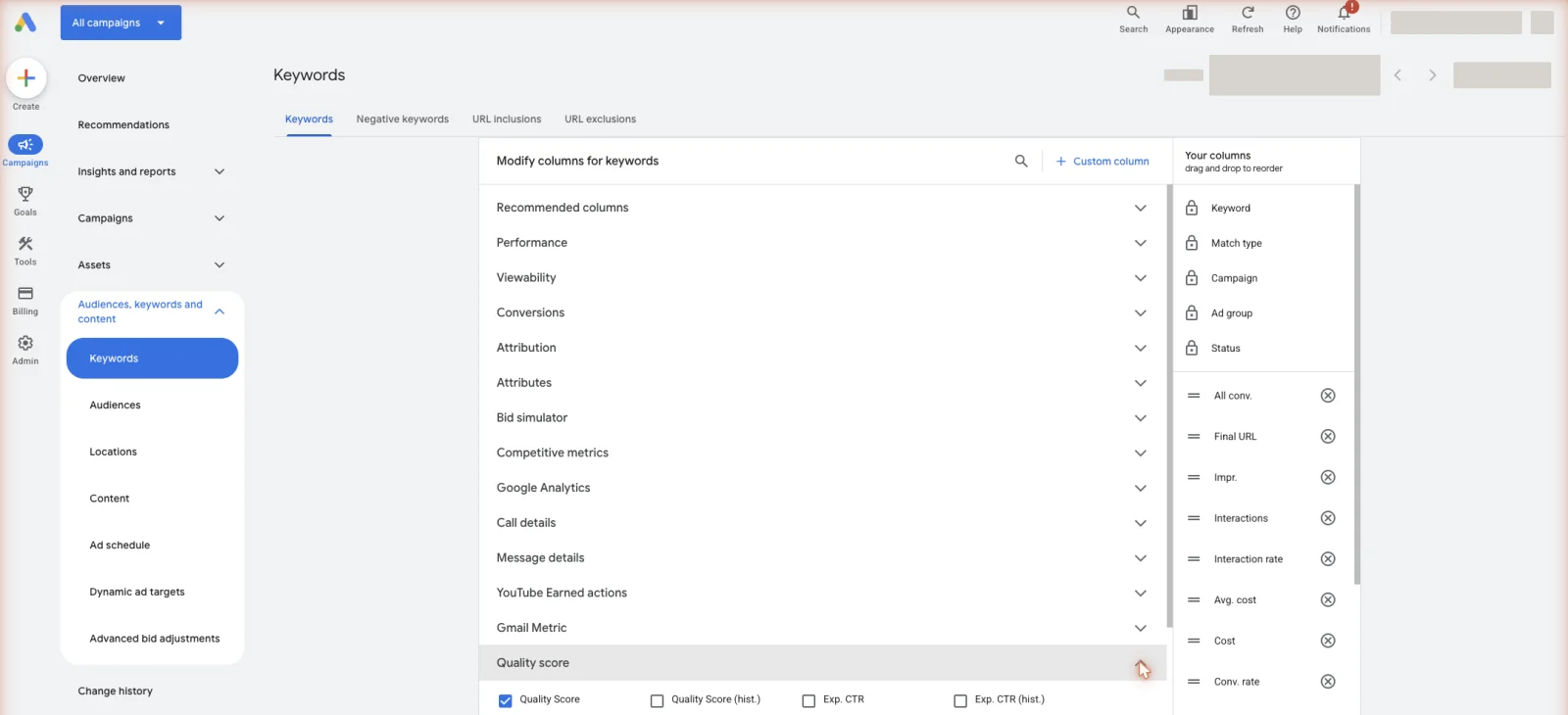 The three component columns are off by default. Add them before judging any keyword.