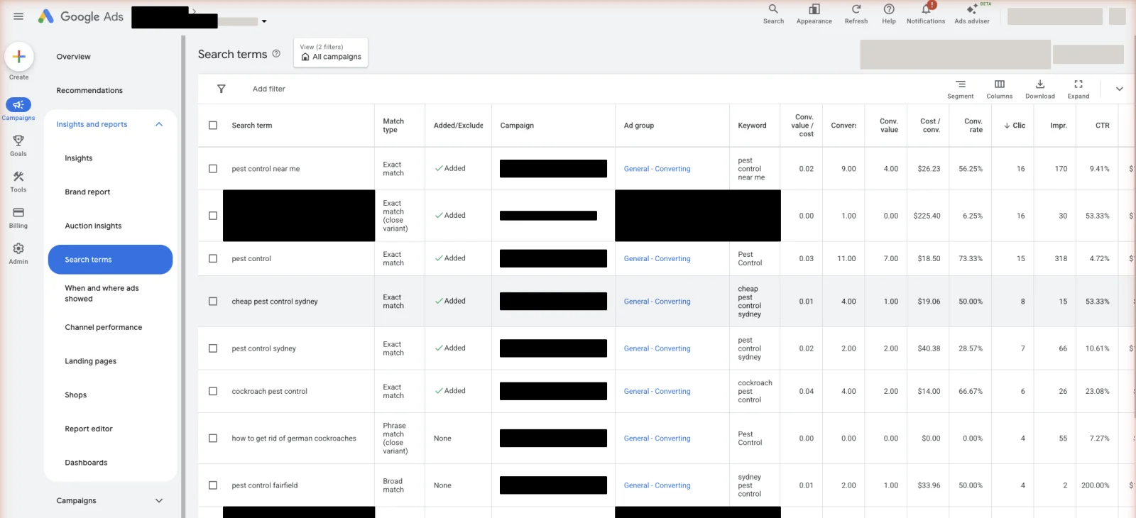 The search terms report shows what people actually typed, not what you bid on.