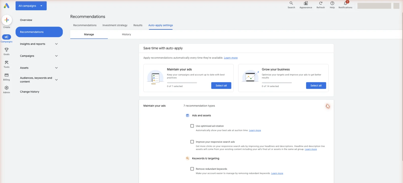 Auto-apply settings. Switching these off stops Google changing your account without asking.