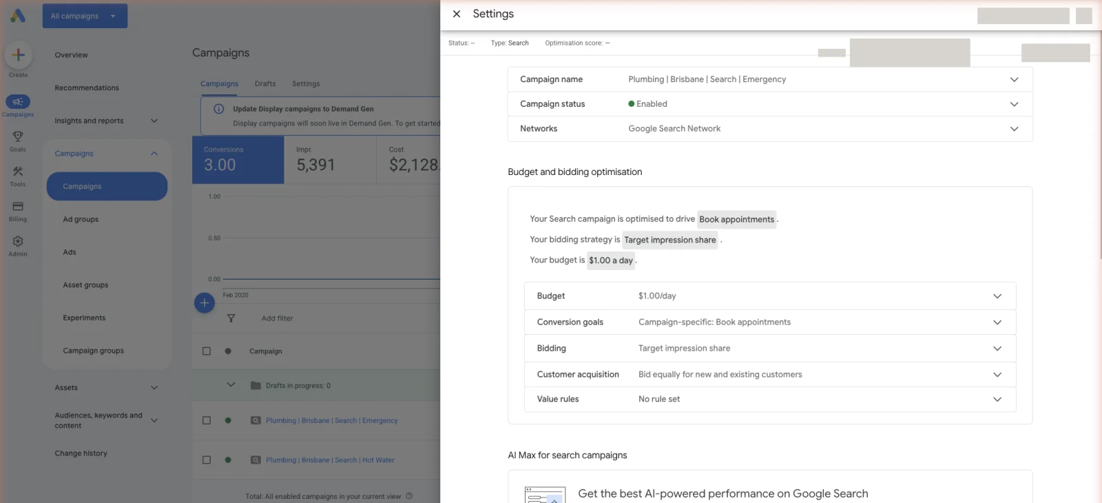 Presence targeting only. Interest targeting quietly buys clicks from outside your service area.
