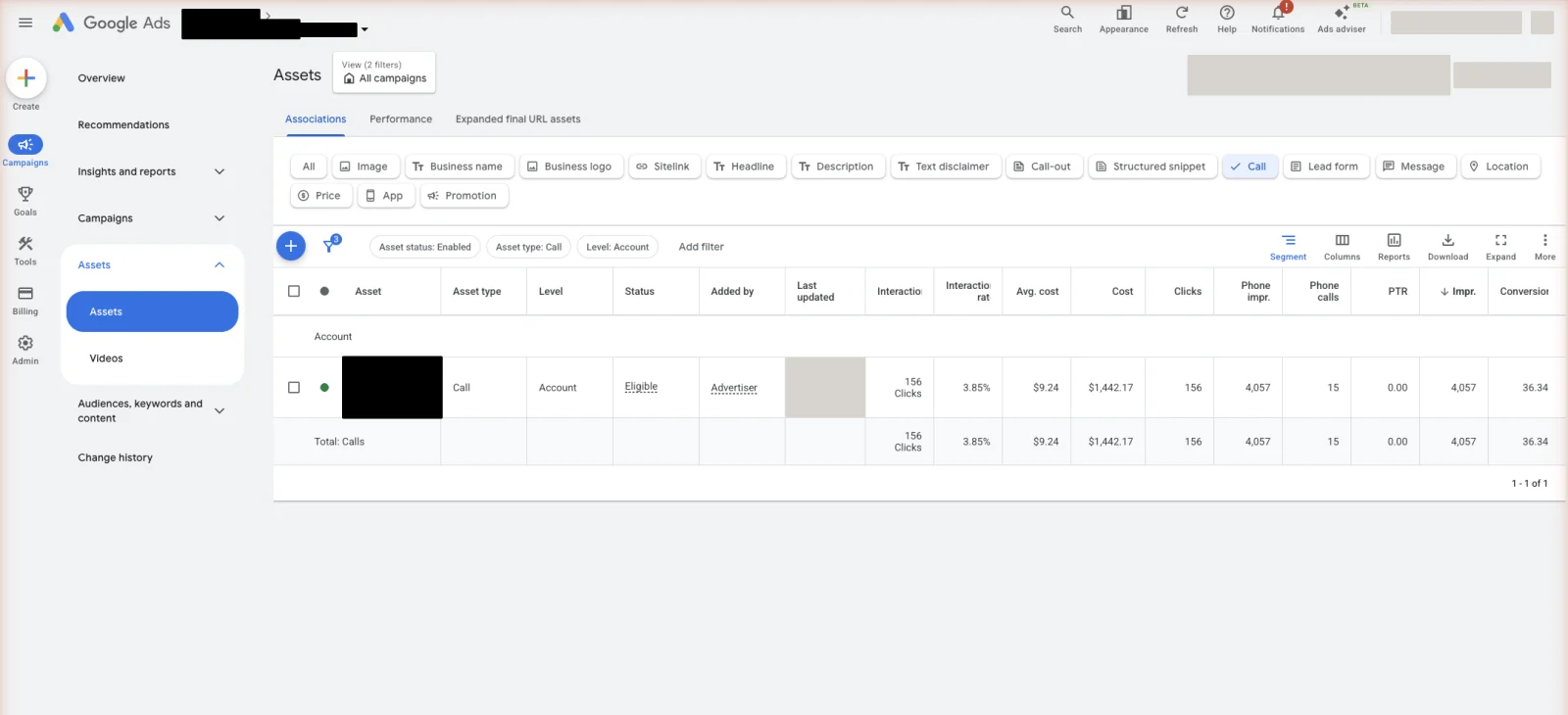A call asset on a responsive search ad. This is where the phone number lives now.