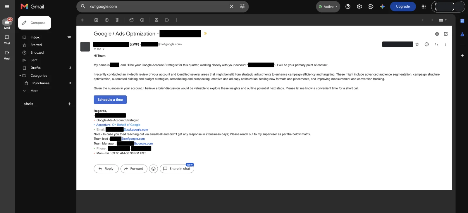 What a genuine Google contact looks like. The domain is the tell, not the tone of the call.