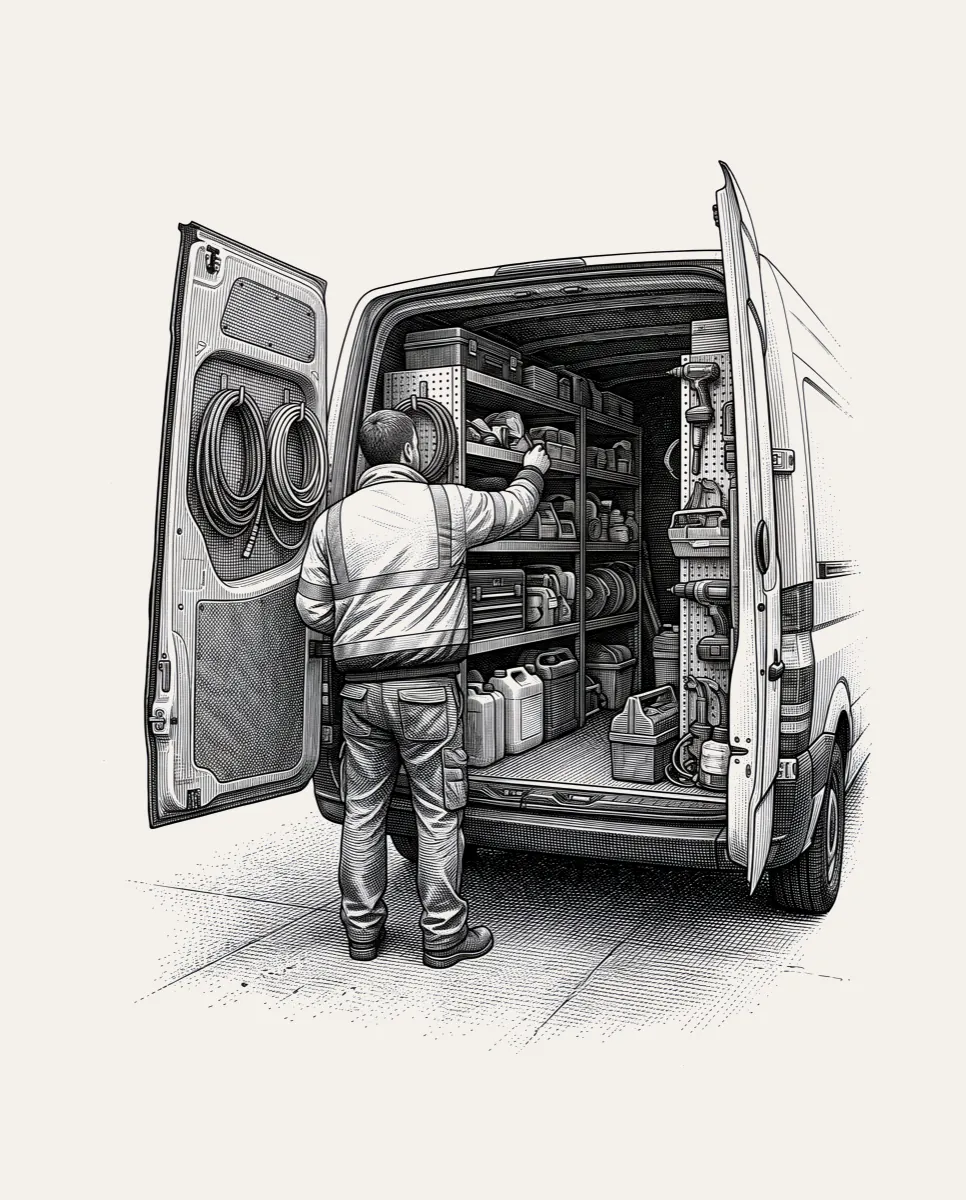 A tradesman at the open doors of his service van
