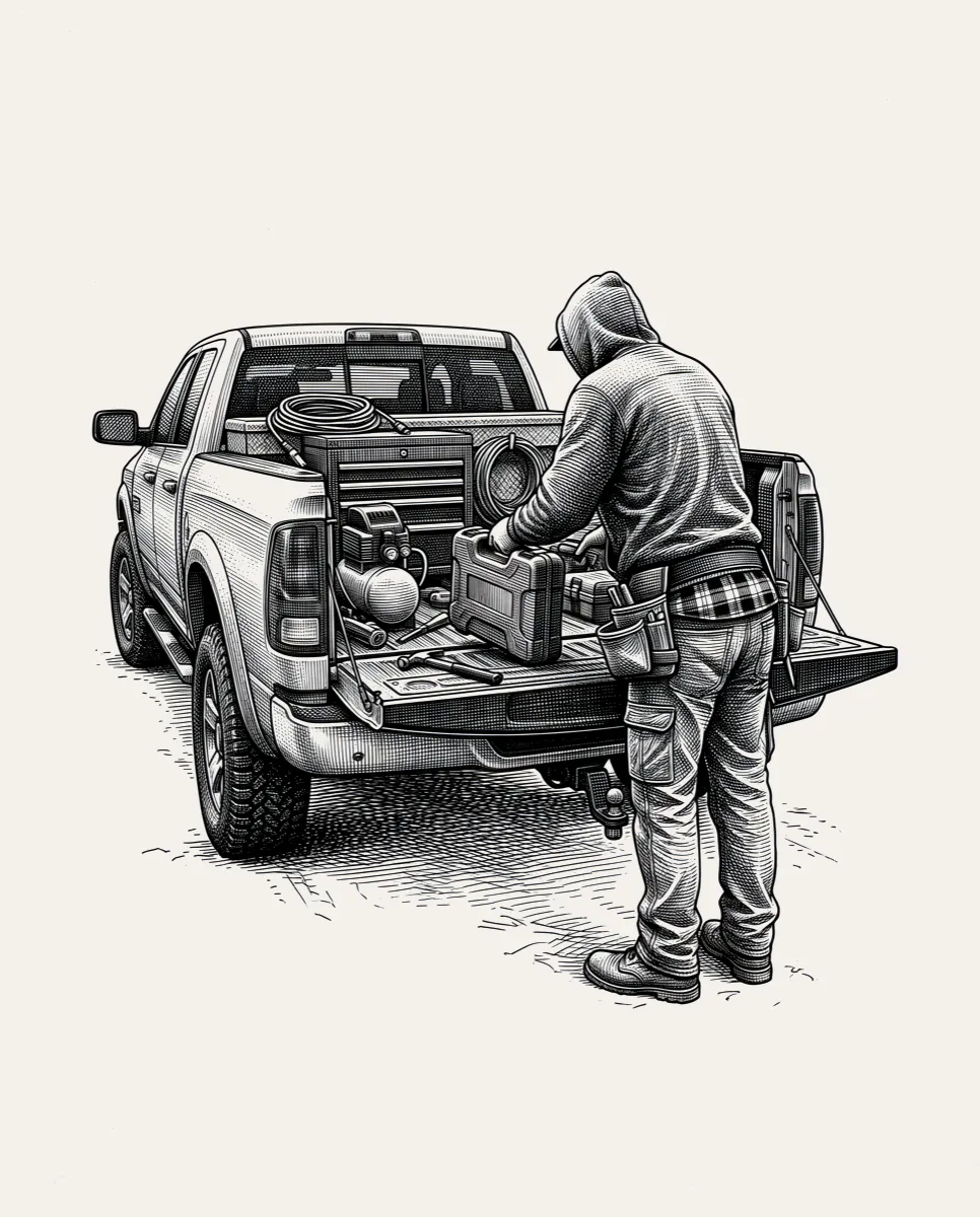 Two tradesmen loading gear at the back of a pickup truck