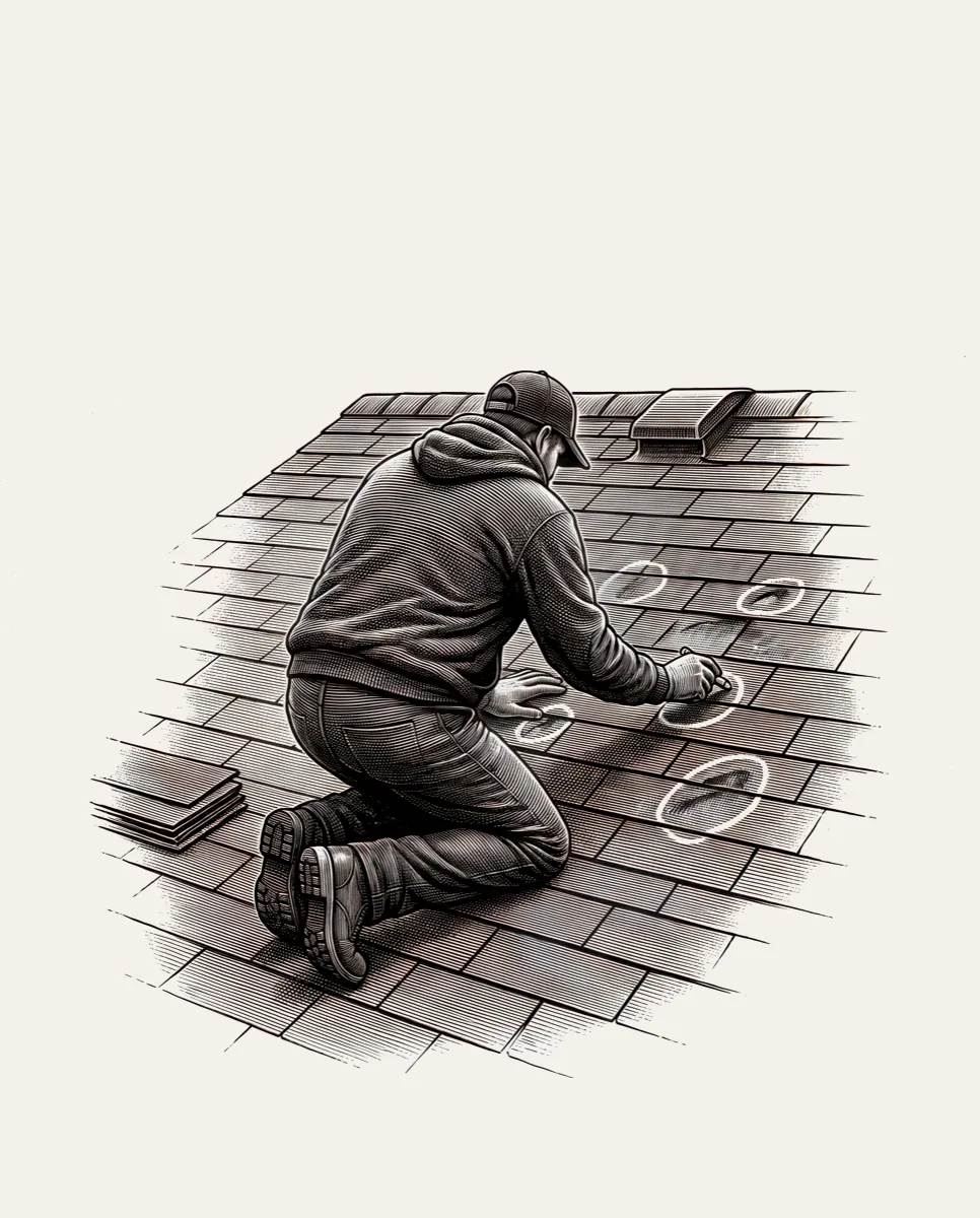 A roofer marking hail strikes on a shingle roof after a storm