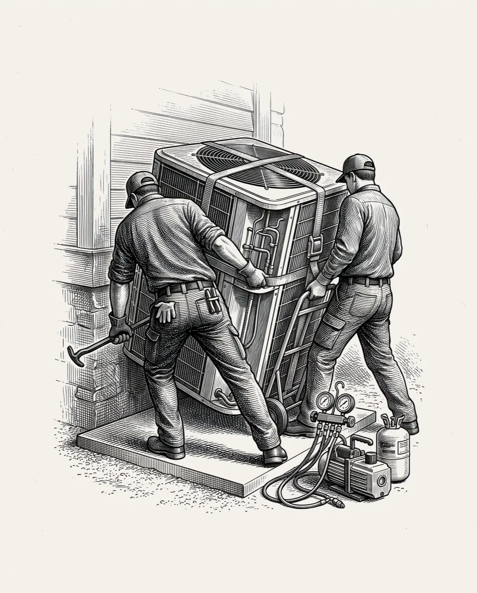 Two HVAC technicians moving a new condenser into place