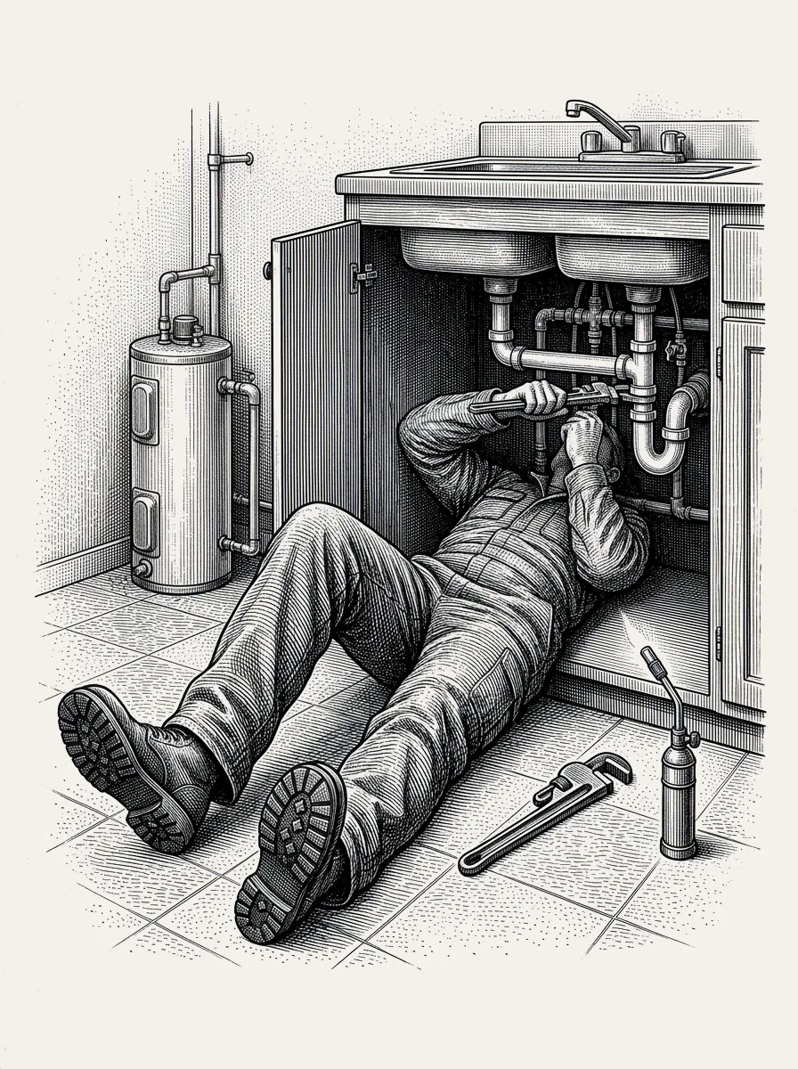 A plumber under a sink beside an ageing water heater