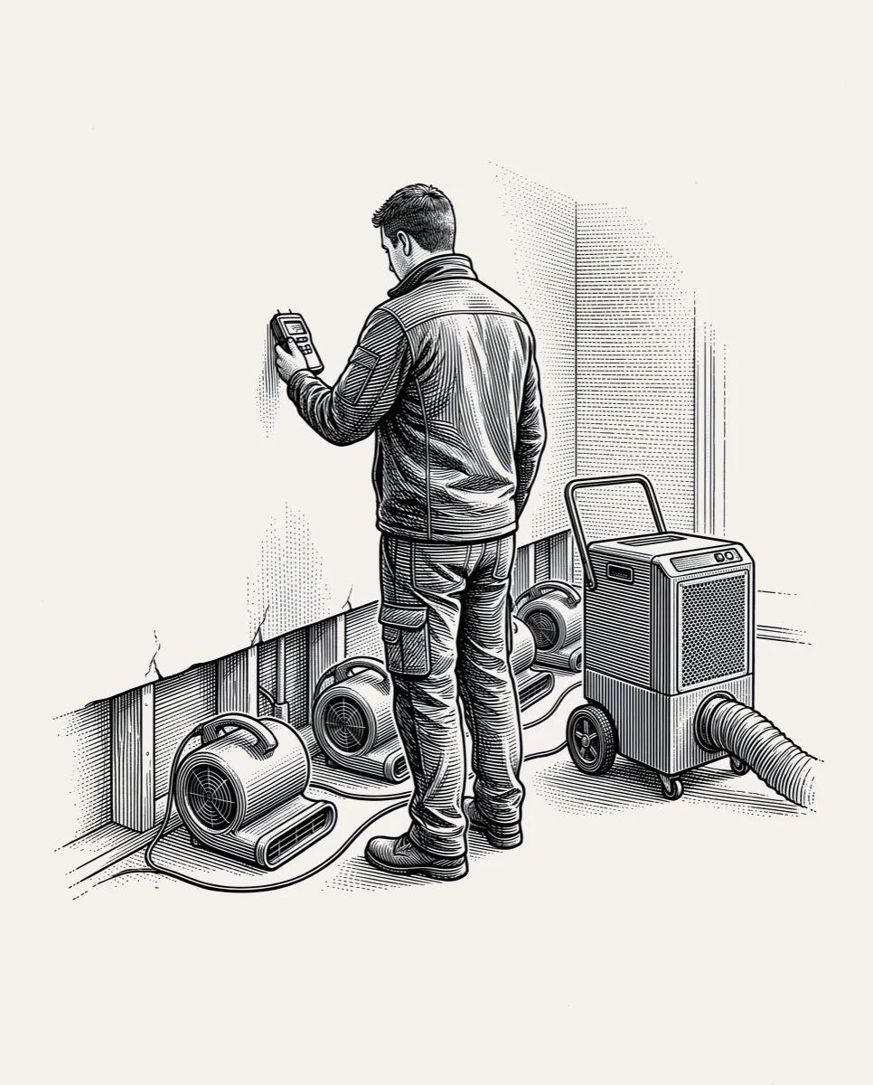 A technician running extraction and drying gear on a water loss at night