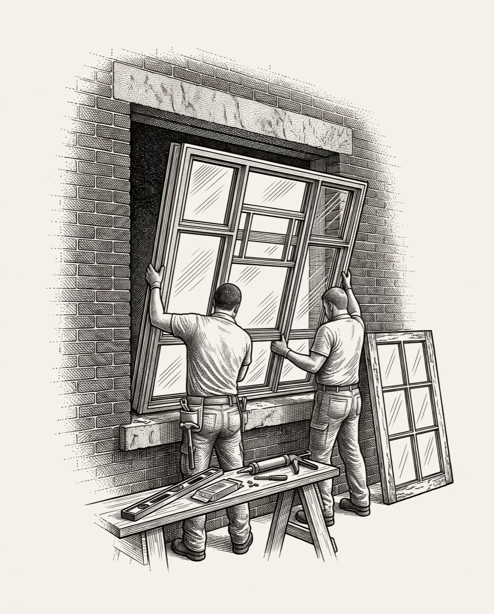 Two fitters setting a replacement window into a brick opening