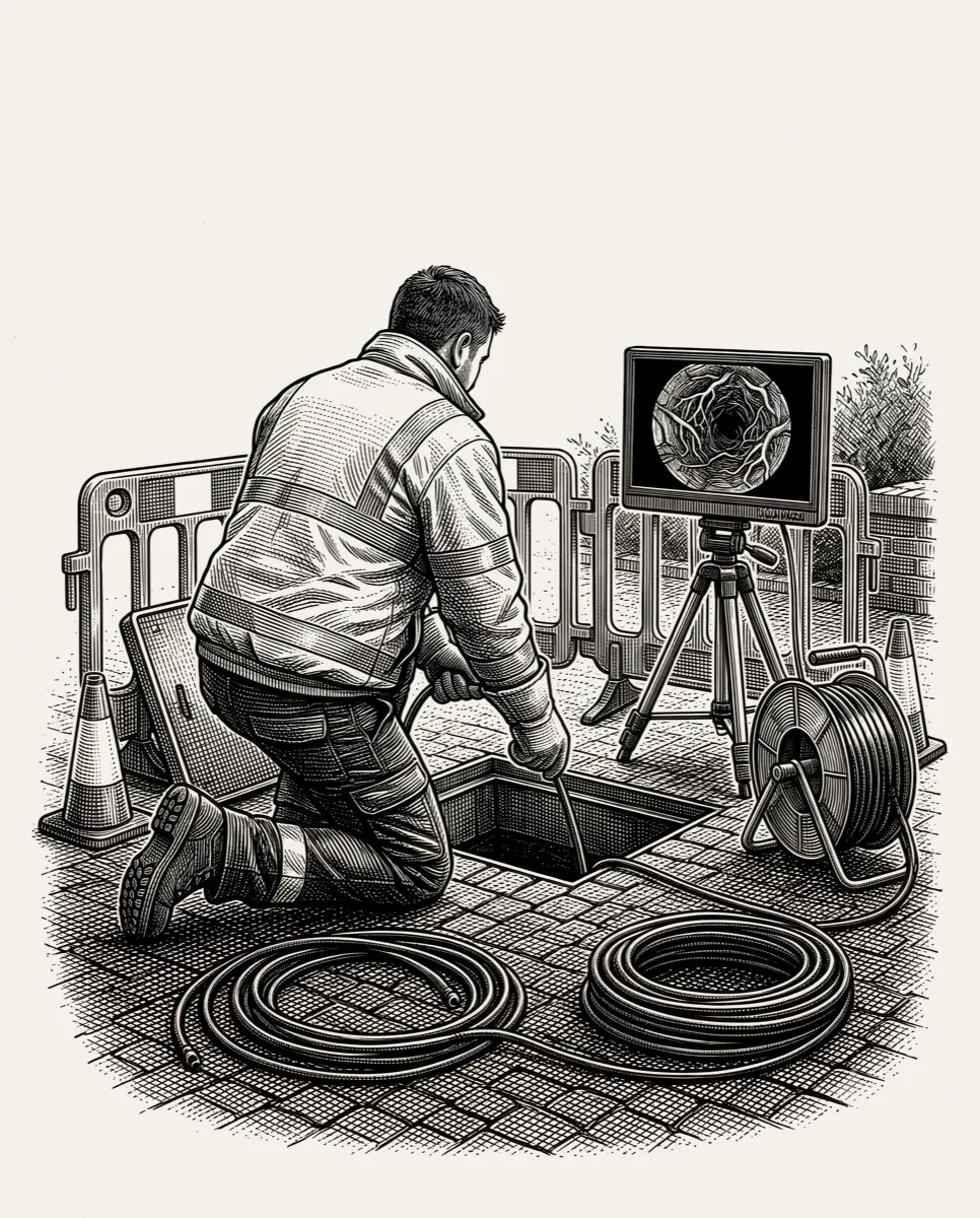 A drainage technician at an open inspection chamber with a CCTV monitor