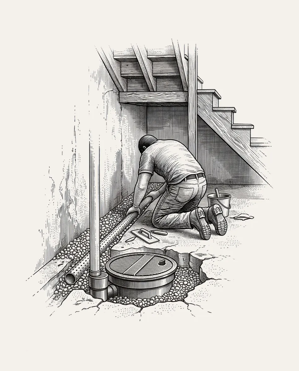 A worker laying interior drainage along a basement wall