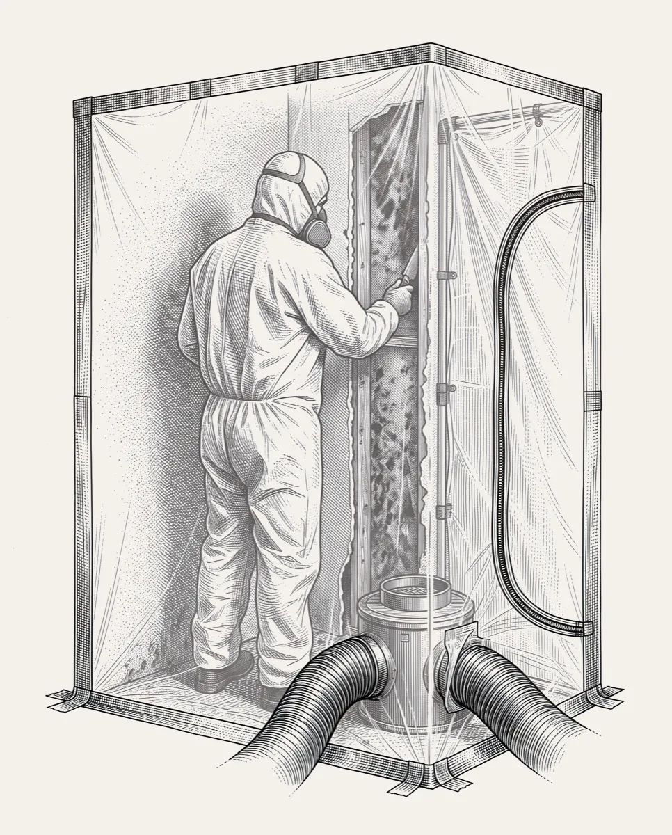 A remediation technician behind containment sheeting