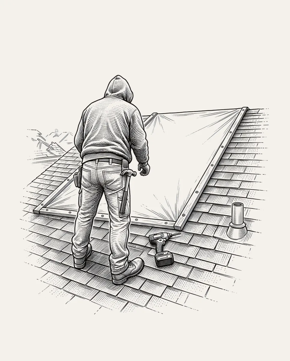 A roofer tarping storm-damaged shingles