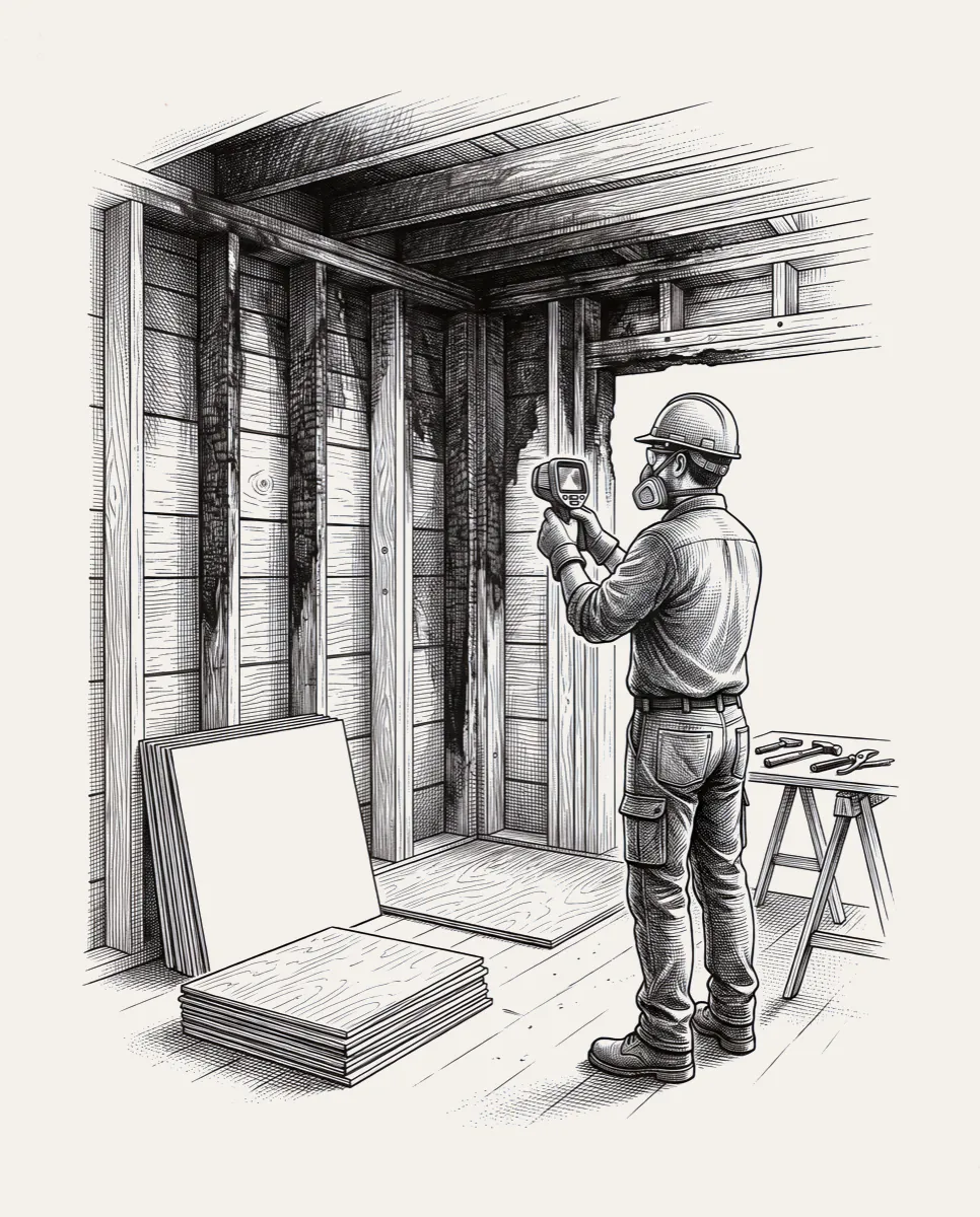 A restoration contractor checking a fire-stripped wall with a thermal camera
